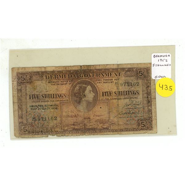 Bermuda. 1952 5 Shillings. First note issued for Queen Elizabeth. Good.