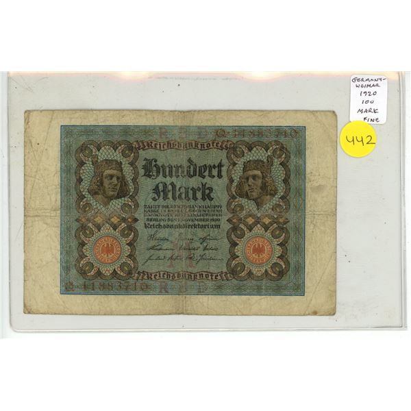 Germany -Weimar Republic. 1920 100 Mark. Fine.