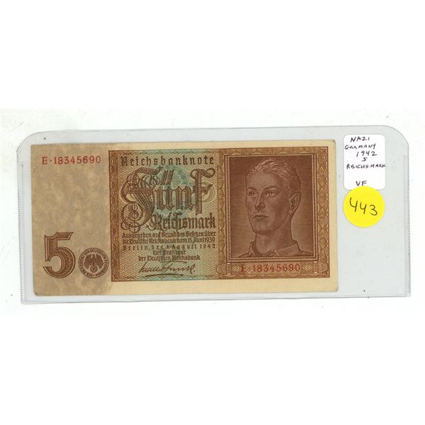 Nazi Germany. 1942 5 Reichsmark. Eagle with Swastika. VF.