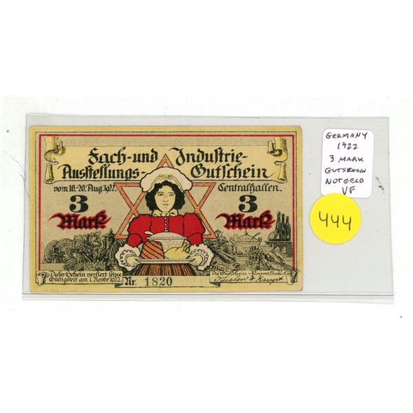 Germany Notgeld. 1922 Gutshein for 3 Mark. Attractive note. VF.