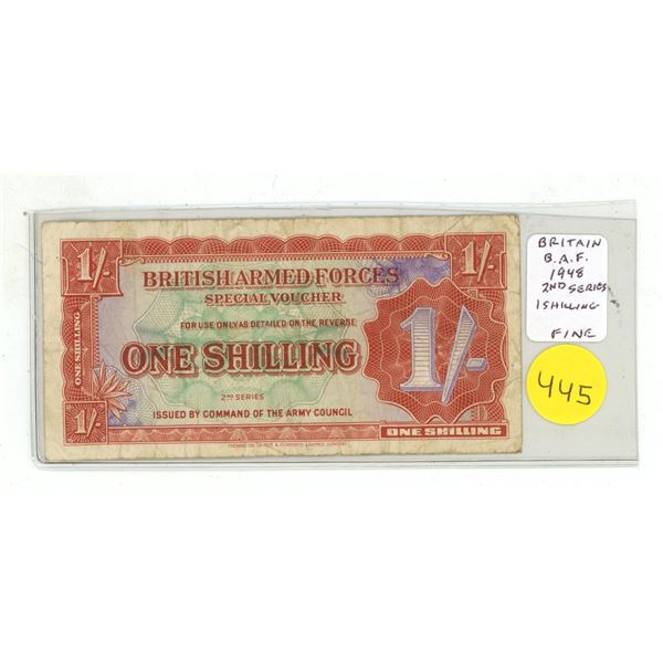 Great Britain. British Armed Forces Special Voucher 1948 1 Shilling. Second Series. Fine.