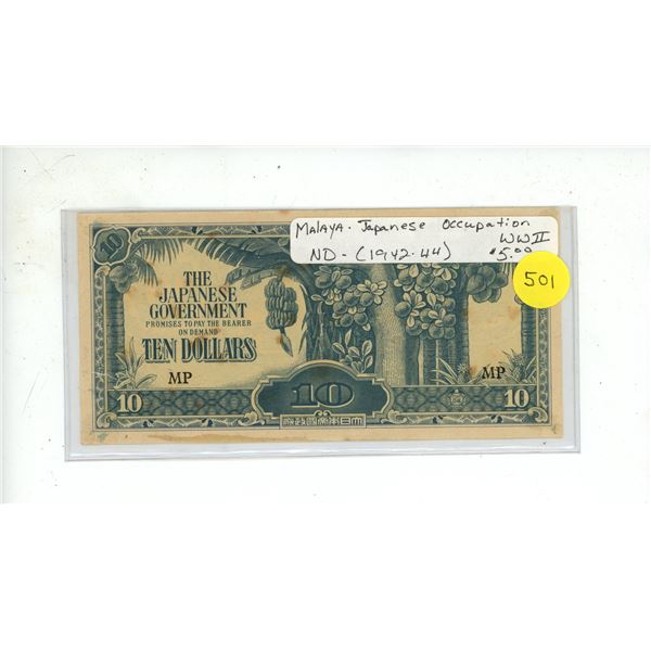Malaya. Japanese $10 Invasion Money. Issued by the Japanese military from 1942 to 1944. VF+.
