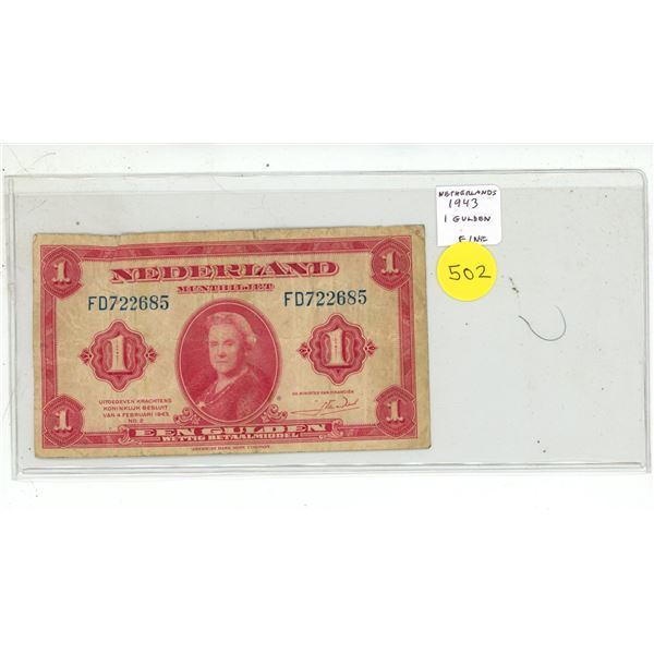 Netherlands. 1943 1 Gulden. Issued during World War II. Fine.