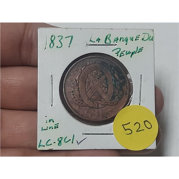 Lower Canada 1837 Half Penny Pre-Confederation Token. Banque du Peuple on ribbon. V in line. LC-8C1.