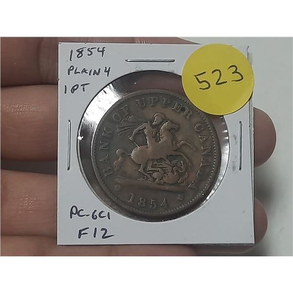 Bank of Upper Canada 1854 1 Penny Pre-Confederation Token. Plain 4. Saint George slaying Dragon. PC-
