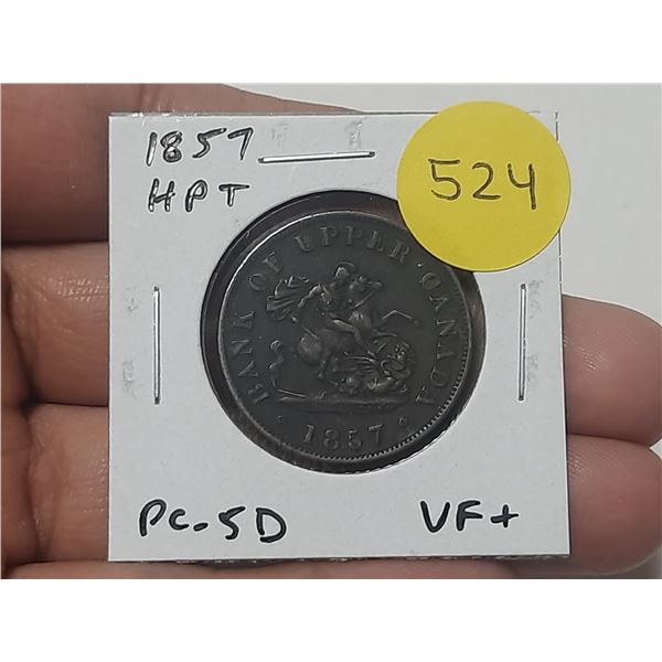 Bank of Upper Canada 1857 Half Penny Pre-Confederation Token. Saint George slaying Dragon. PC-5D. VF