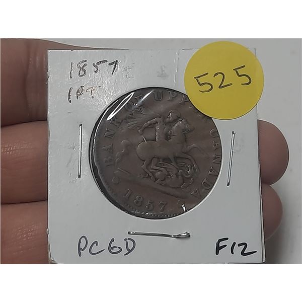 Bank of Upper Canada 1857 1 Penny Pre-Confederation Token. Saint George slaying Dragon. PC-6D. Fine1