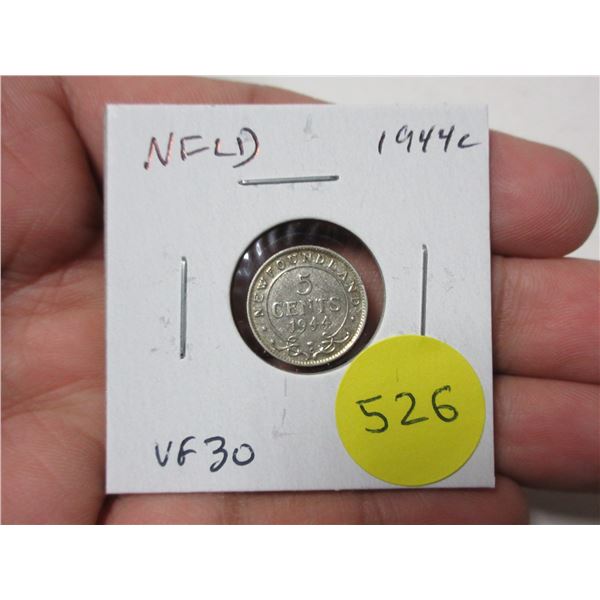 Newfoundland. 1944c Silver 5 Cents. Minted in Ottawa (C) because of World War II. VF30.