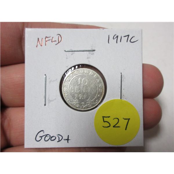 Newfoundland. 1917c Silver 10 Cents. Minted in Ottawa (C) because of World War I. Good6.