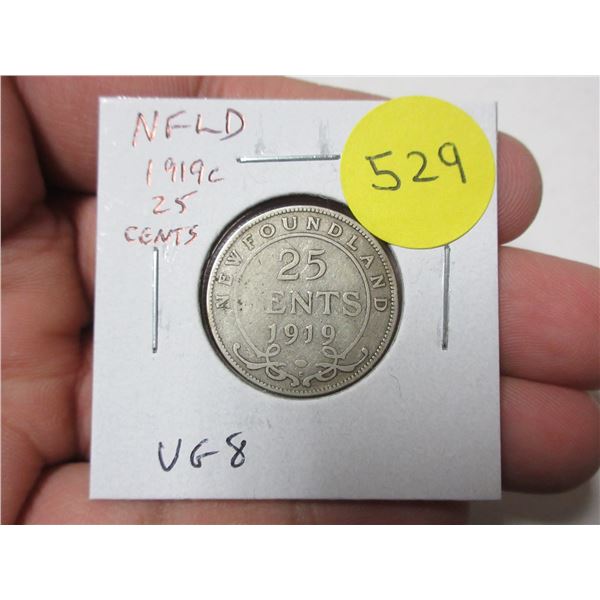 Newfoundland. 1919c Silver 25 Cents. The last Newfoundland 25 Cents issued. VG8.