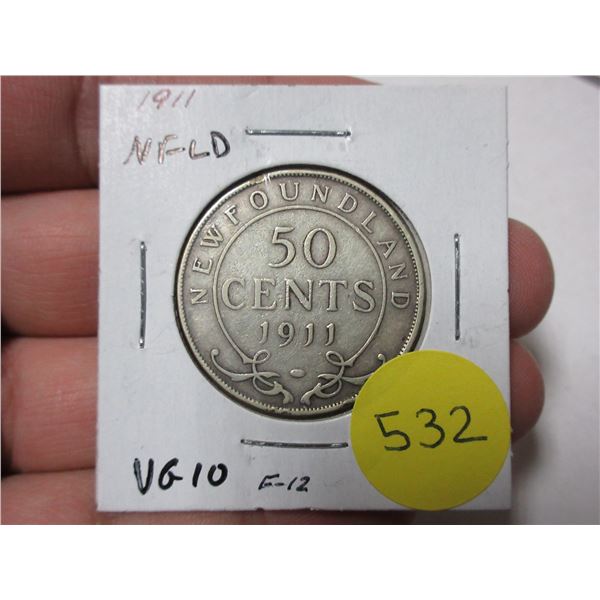 Newfoundland. 1911 Silver 50 Cents. The first issue of King George V. VG10.