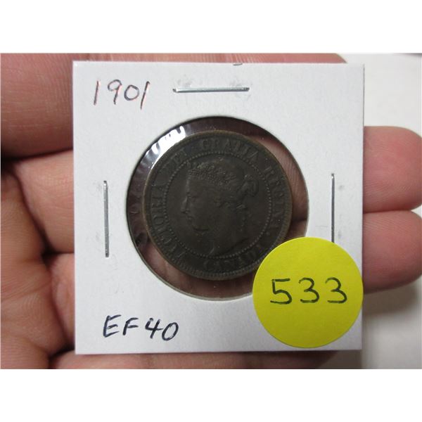 1901 Canadian Victorian Large Cent. The last Large Cent issued for Queen Victoria. EF40. Nice.