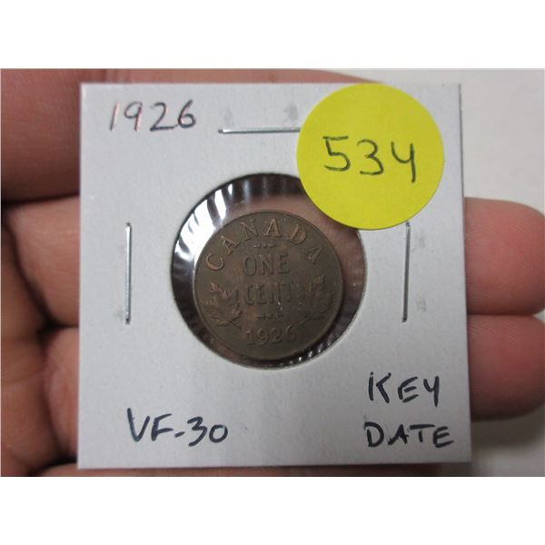 1926 Canadian Small Cent. Key Date. VF30.
