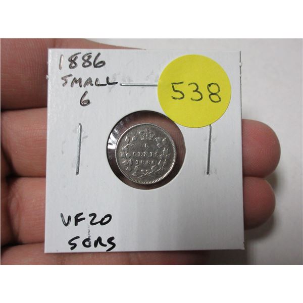 1886 Canadian Victorian Silver 5 Cents. Small 6 variety. VF20. Scratches.