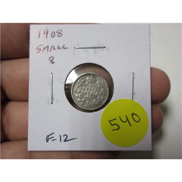 1908 Canadian Silver 5 Cents. Small 8 variety. F12.