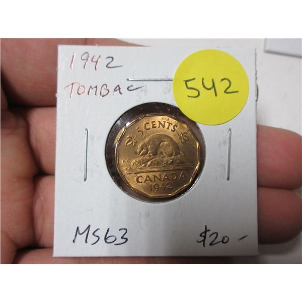 1942 Canadian Beaver Tombac 5 Cents. The first Tombac issued because of a shortage of nickel. MS63. 