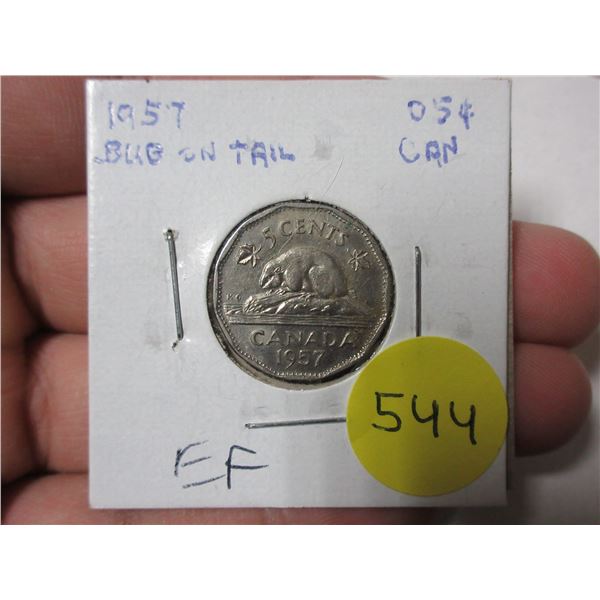 1957 Bug Tail Nickel 5 Cents. There is a Die Chip on the end of the beaver’s tail that look