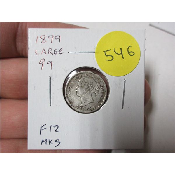 1899 Canadian Victorian Silver 10 Cents. Large 99 variety. F12. Marks.