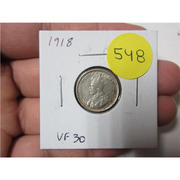 1918 Canadian Silver 10 Cents. Issued during the last year of World War I. VF30. Nice.