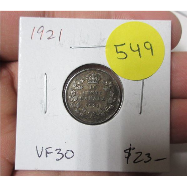 1921 Canadian Silver 10 Cents. VF30. Nice.