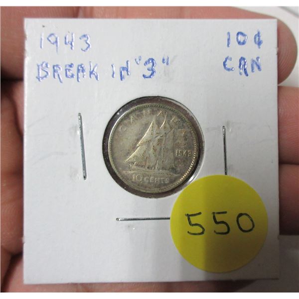 1943 Canadian Silver 10 Cents. Die Break through the date. World War II issue. VF20.