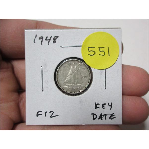 1948 Canadian Silver 10 Cents. F12. Key Date.