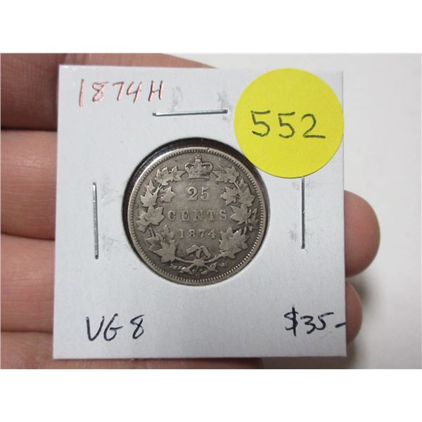 1874H Canadian Victorian Silver 25 Cents. Heaton Mint. VG8.