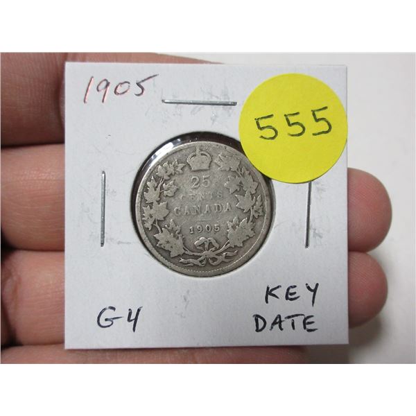 1905 Canadian Silver 25 Cents. Key Date. G4.