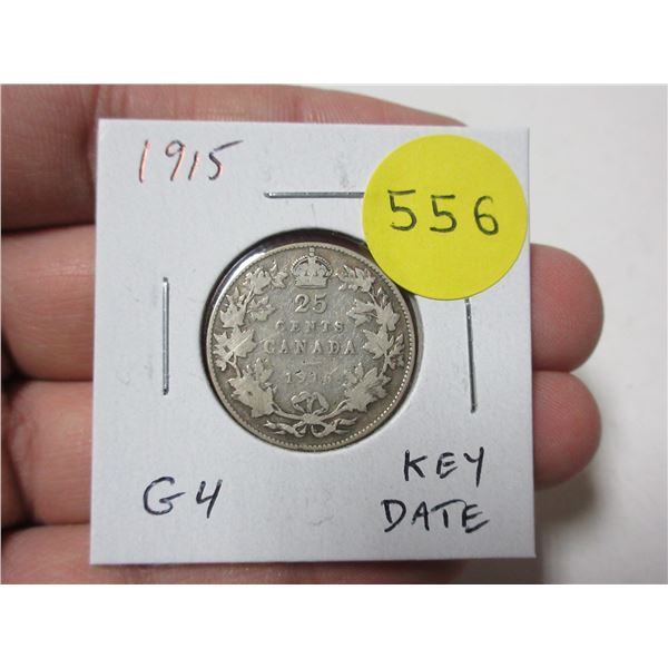 1915 Canadian Silver 25 Cents. World War I issue. Key Date. G4.