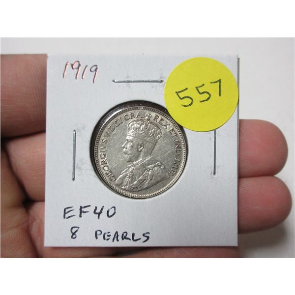 1919 Canadian Silver 25 Cents. EF40 with 8 pearls. Nice.