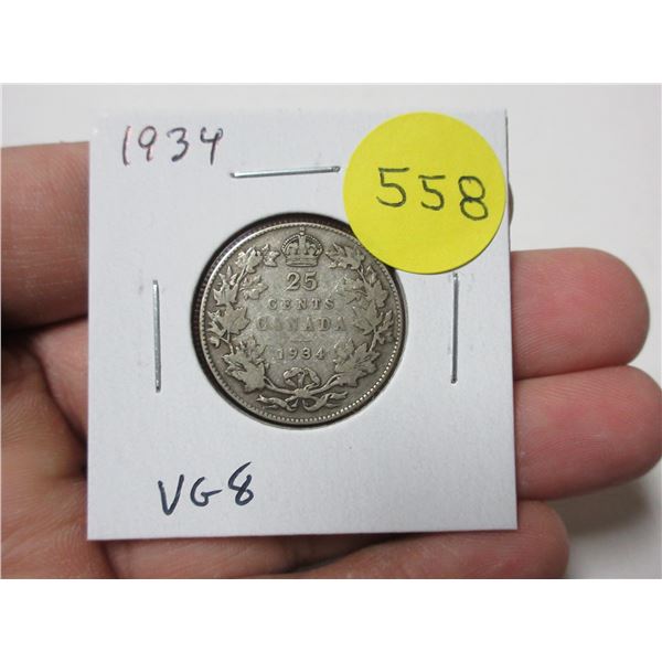 1934 Canadian Silver 25 Cents. Key Date. VG8.