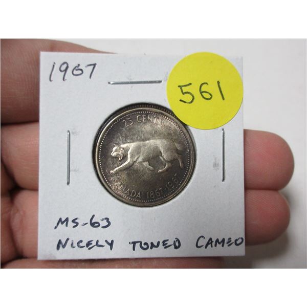 1967 Silver 25 Cents. One Year Type Bobcat. MS63. Cameo. Nicely Toned.