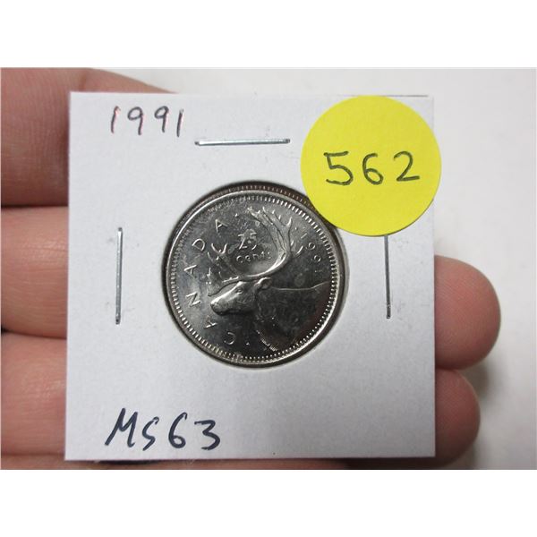 1991 Canadian 25 Cents. Mintage of only 459,000. MS63. Scarce.