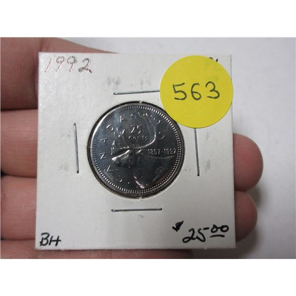 1992 Caribou 25 Cents. Proof Like-65. Scarce.