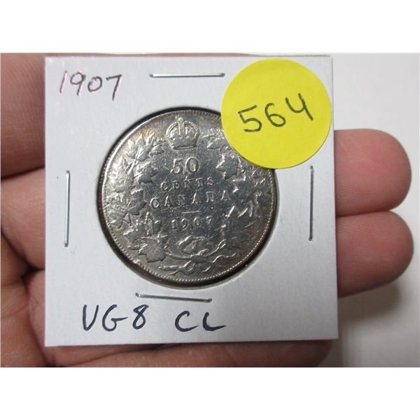 1907 Canadian Silver 50 Cents. Mintage of 300,000. VG8. Cleaned.