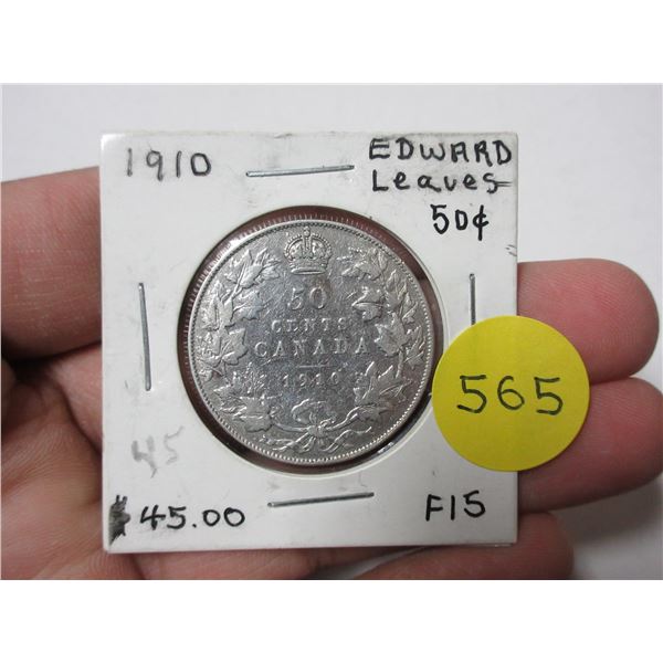 1910 Edwardian Leaves Canadian Silver 50 Cents. F12.