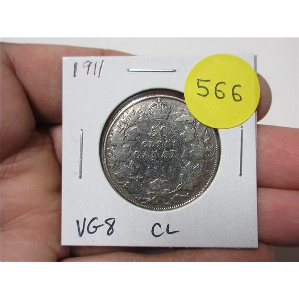 1911 Canadian Silver 50 Cents. First issue of George V. VG8. Cleaned.