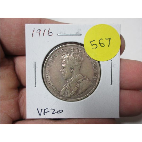 1916 Canadian Silver 50 Cents. World War I issue. VF20.