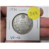 Image 1 : 1931 Canadian Silver 50 Cents. Mintage of 57,581. VG10. Scarce.