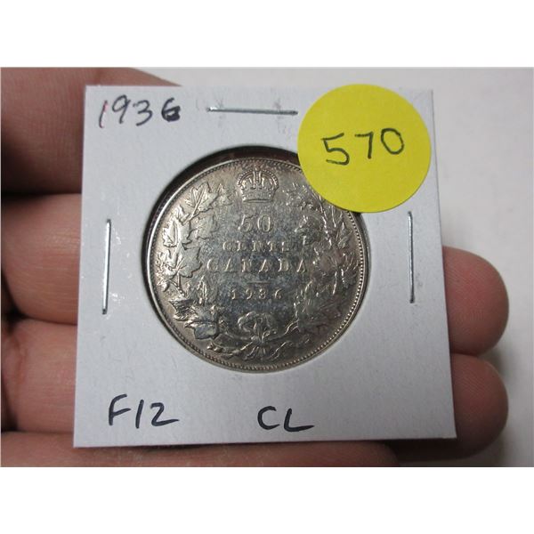 1936 Canadian Silver 50 Cents. Mintage of 38,550. F12. Cleaned. Scarce.