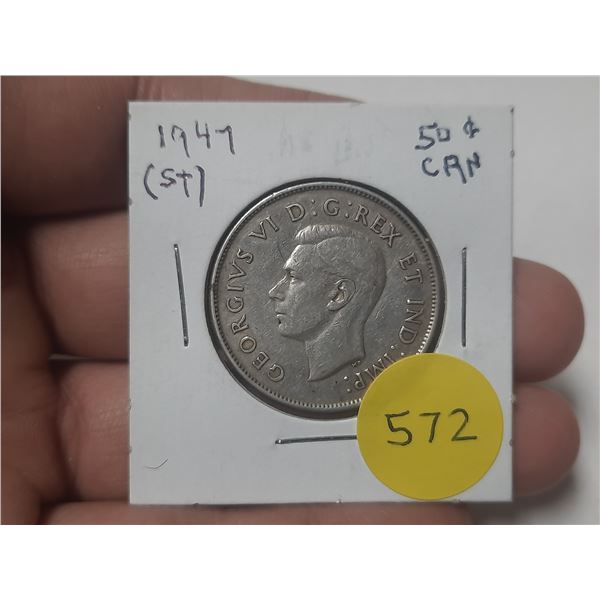 1947 Canadian Silver 50 Cents. Straight 7 Left variety. VF20.