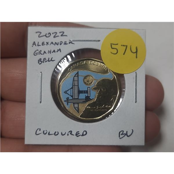 2022 Alexander Graham Bell Loonie Dollar. Commemorates the 175th Anniversary of his birth. Coloured.