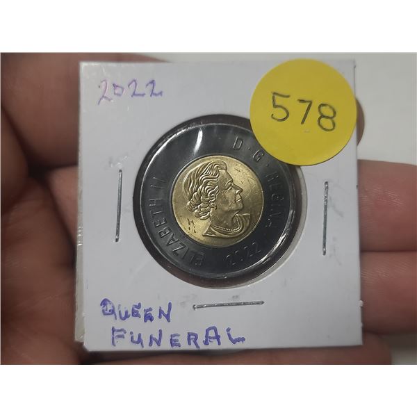 2022 Death of Queen Elizabeth II $2 Toonie. Black outer rim symbolizes mourning over her death. BU.