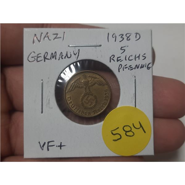 Nazi Germany. 1938D 5 Reichspfennig. Eagle with Swastika. VF+.