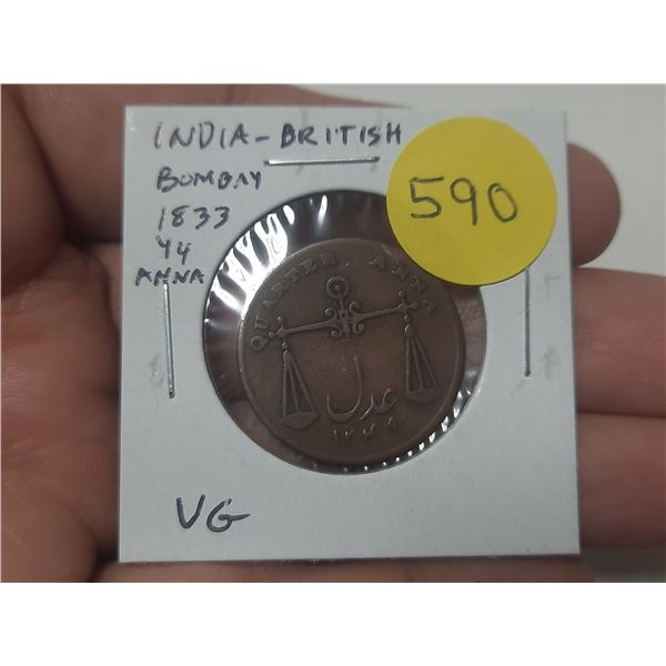 British India. 1833 ¼ Anna. Bombay Mint. VG.