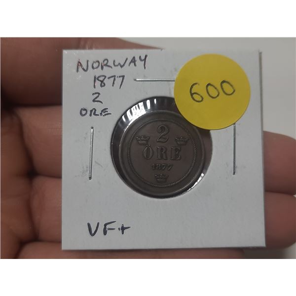 Norway. 1877 2 ore. VF+.
