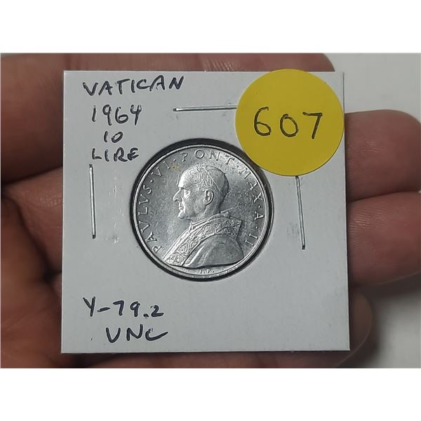 Vatican. 1964 10 Lire. Pope Paul VI. Uncirculated.