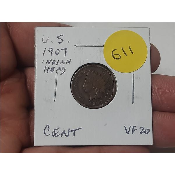 U.S. 1907 Indian Head Cent. VF20.
