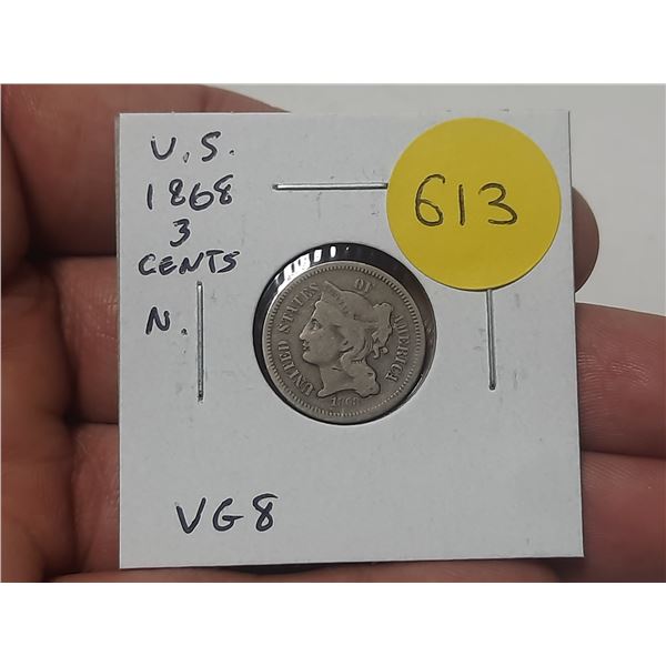 U.S. 1868 Nickel 3 Cents. VG8. Odd denomination.