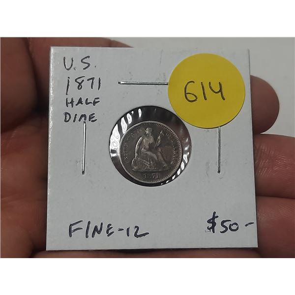 U.S. 1871 Seated Liberty Silver Half Dime. F12.